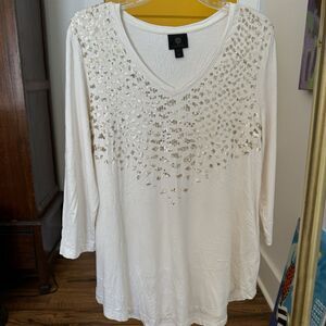 JM Collection Ivory V Neck Sequin Long Sleeve Women's Top Size L